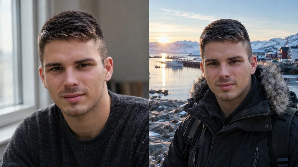 An ordinary indoor portrait beside the same person placed on a northern harbour at midnight sun