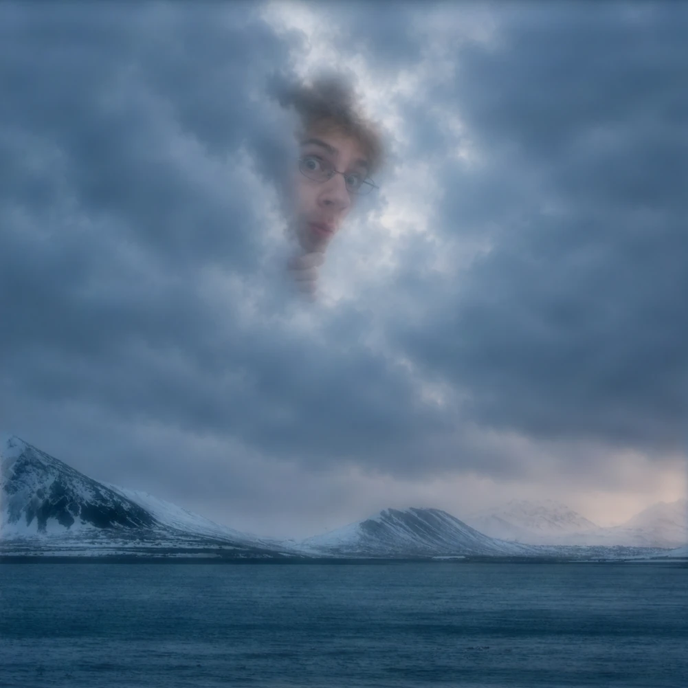 A traveller standing on an Icelandic coastline at dusk, composited from a single portrait photo