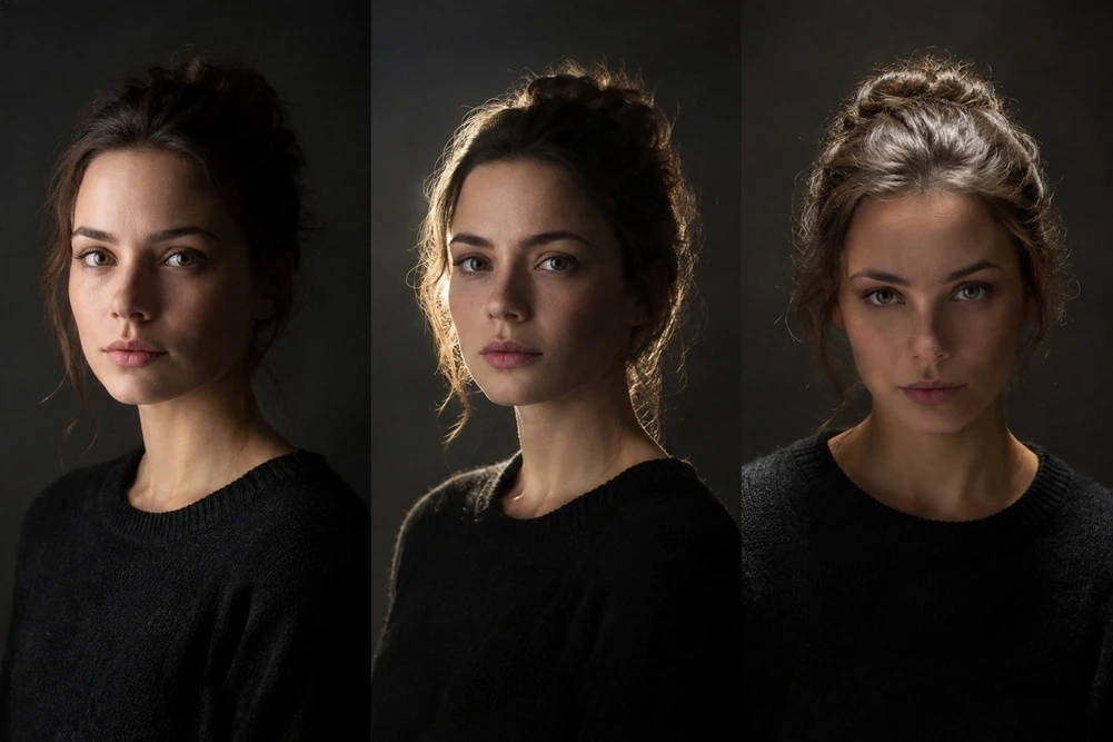 The same portrait lit from the left, from behind and from above
